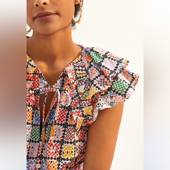 Maeve Ruffled Tie Waist Blouse in Colorful Granny-Square Eyelet Print, S - Picture 3 of 16